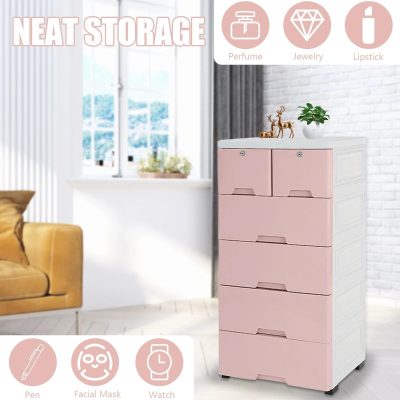 Pink and white storage chest ideal for organizing perfume, jewelry, and lipstick in bedrooms or beauty salons. Stylish, space-saving multi-drawer cabinet for cosmetics and accessories.