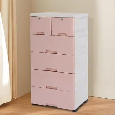 Pink plastic storage drawer cabinet for home or office organization, multi-tier drawers with easy grip handles, compact design, suitable for cosmetic, office supplies, or personal items.