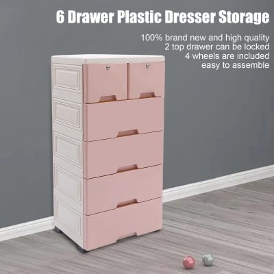 High-quality pink plastic dresser with six drawers, lockable top two drawers, easy assembly, and four wheels for mobility, perfect for bedroom organization.