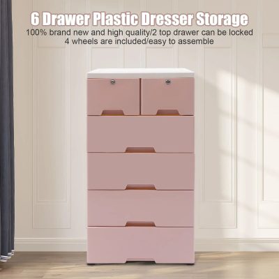 Stylish pink plastic dresser with 6 drawers, perfect for organizing clothes or accessories; easy to assemble, lockable top drawers, and four wheels for mobility.
