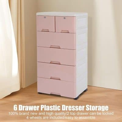 Compact pink plastic dresser with six drawers for organized storage.