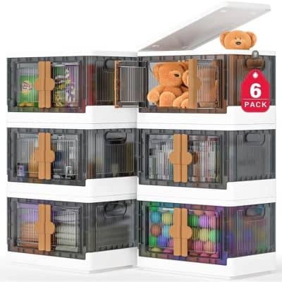 Colorful multi-compartment plastic storage drawers for kids' toys, teddy bears, and school supplies with secure latches, perfect for organizing children's room and playroom.
