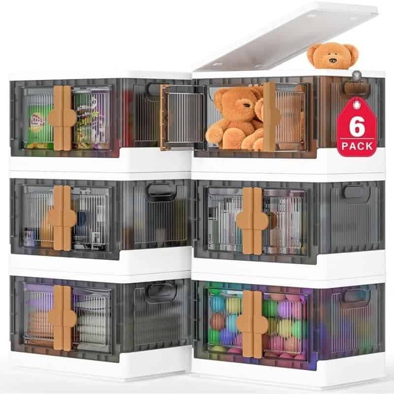 Colorful multi-compartment plastic storage drawers for kids' toys, teddy bears, and school supplies with secure latches, perfect for organizing children's room and playroom.