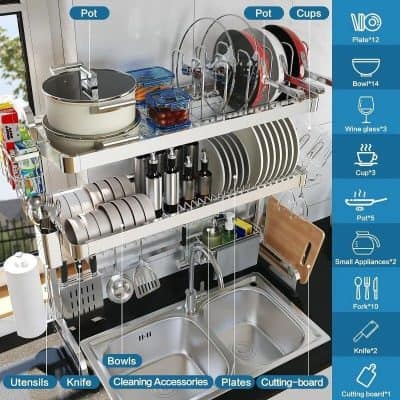 Efficient kitchen pot and cup storage rack with utensils, knives, cleaning accessories, plates, cutting board, and small appliances, ideal for maximizing small kitchen space.