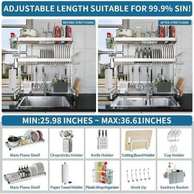 Versatile dish rack for organized kitchen countertop storage, featuring adjustable length from 25.98 to 36.61 inches, perfect for optimizing space for plates, utensils, and more.