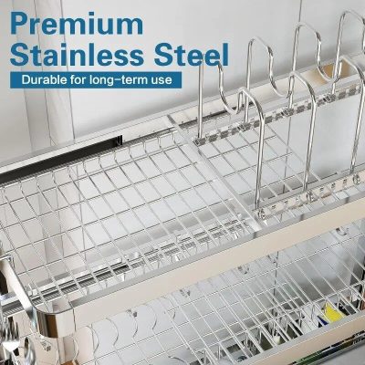Durable premium stainless steel dish drying rack, ideal for long-term use and kitchen organization. Perfect for storing dishes, utensils, and kitchenware securely and efficiently.