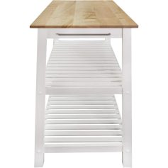 White wooden medical storage cart with natural wood tabletop, perfect for clinic or exam room storage, featuring multiple shelves for medical supplies and equipment.