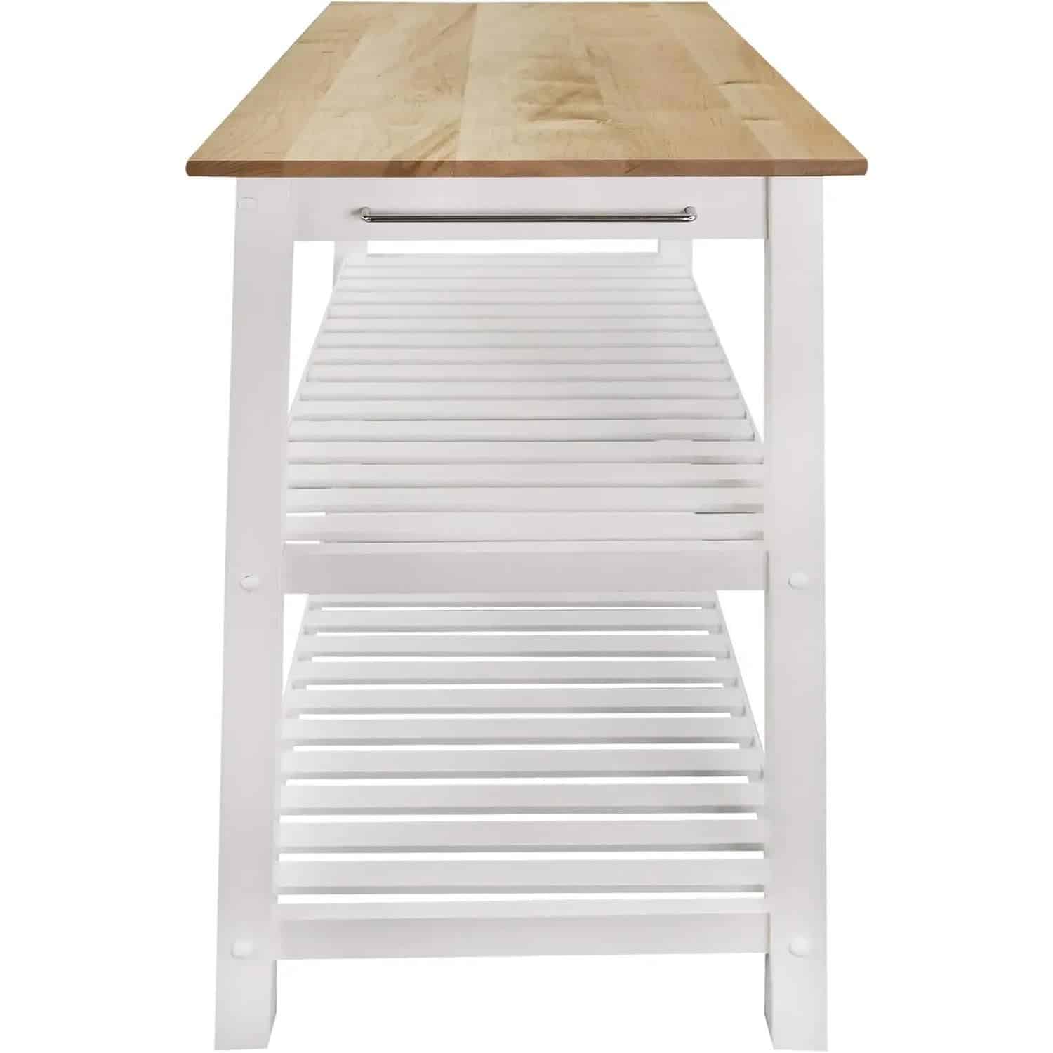 White wooden medical storage cart with natural wood tabletop, perfect for clinic or exam room storage, featuring multiple shelves for medical supplies and equipment.
