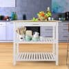 A stylish kitchen produce stand holding fresh vegetables, olive oil, utensils, and dishware, perfect for organization and display in a contemporary kitchen environment.