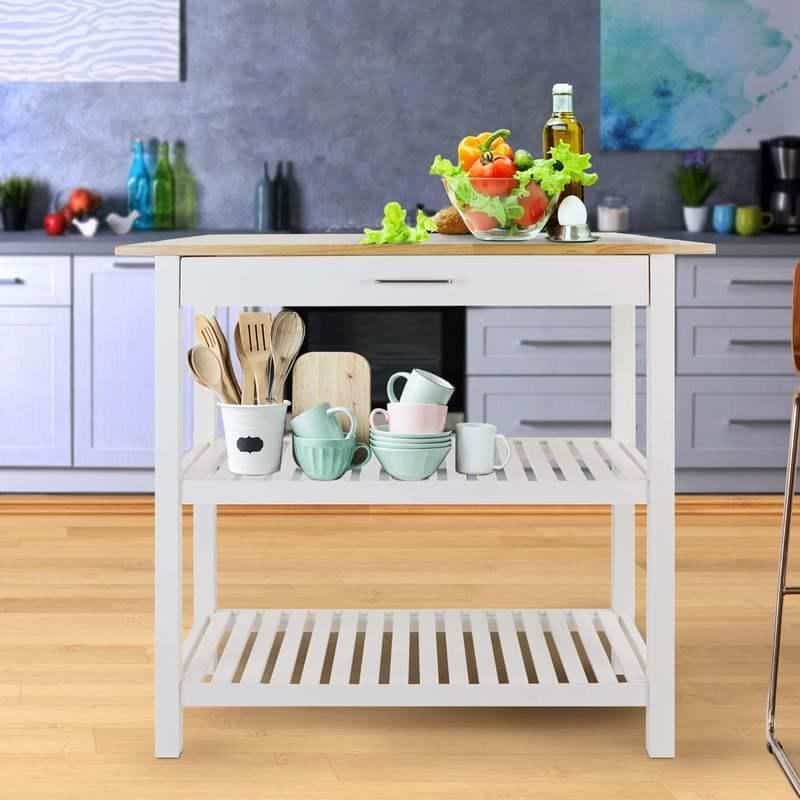 A stylish kitchen produce stand holding fresh vegetables, olive oil, utensils, and dishware, perfect for organization and display in a contemporary kitchen environment.