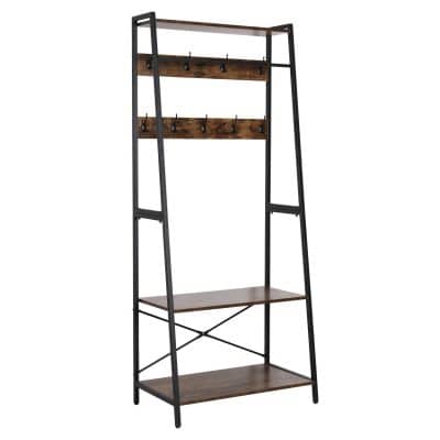 Versatile industrial-style shelving unit with hooks, wood shelves, and black metal frame, perfect for organizing home or office spaces with a rustic modern aesthetic.