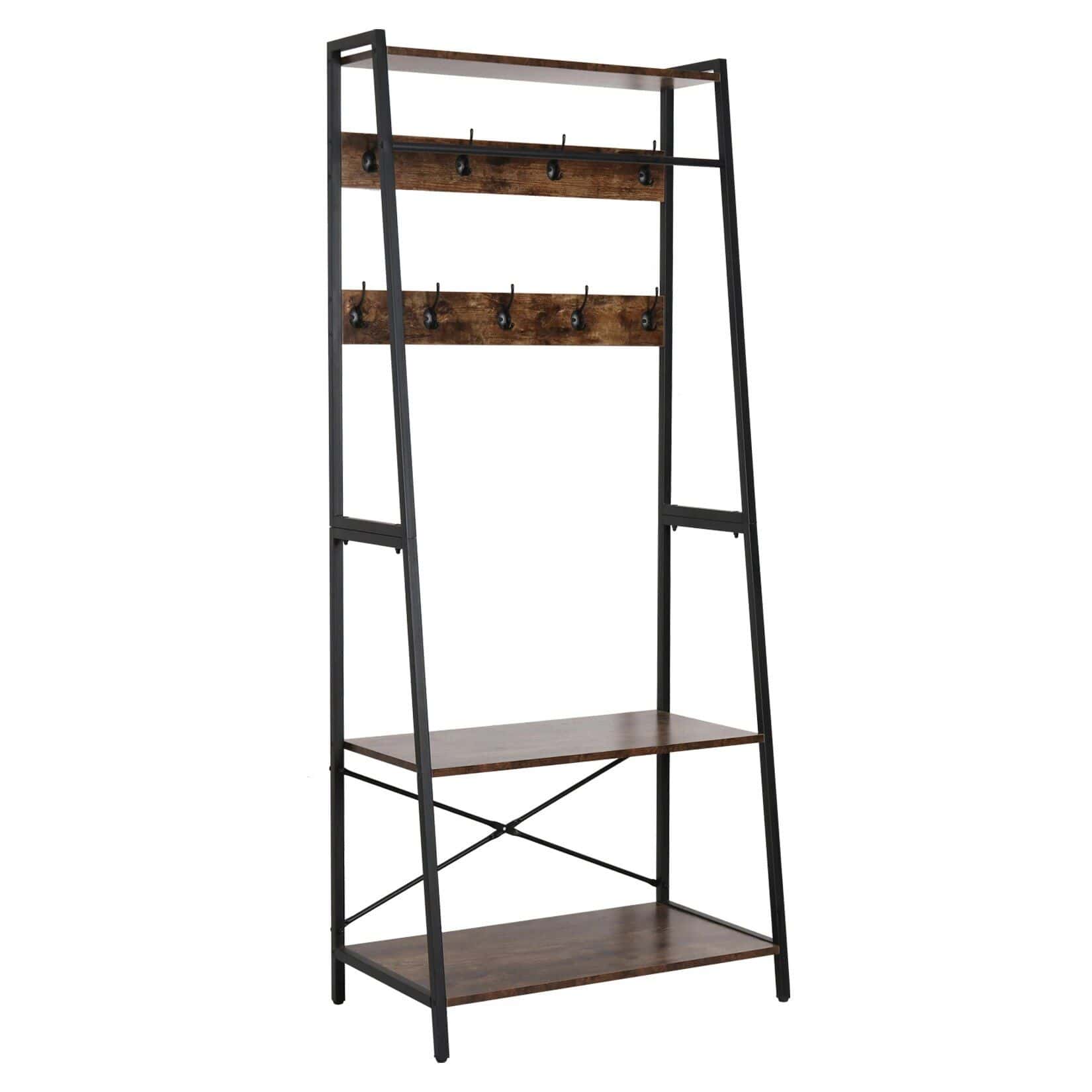 Versatile industrial-style shelving unit with hooks, wood shelves, and black metal frame, perfect for organizing home or office spaces with a rustic modern aesthetic.