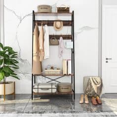Stylish wardrobe organization showing handbags, hats, and shoes for a modern, elegant home decor look.