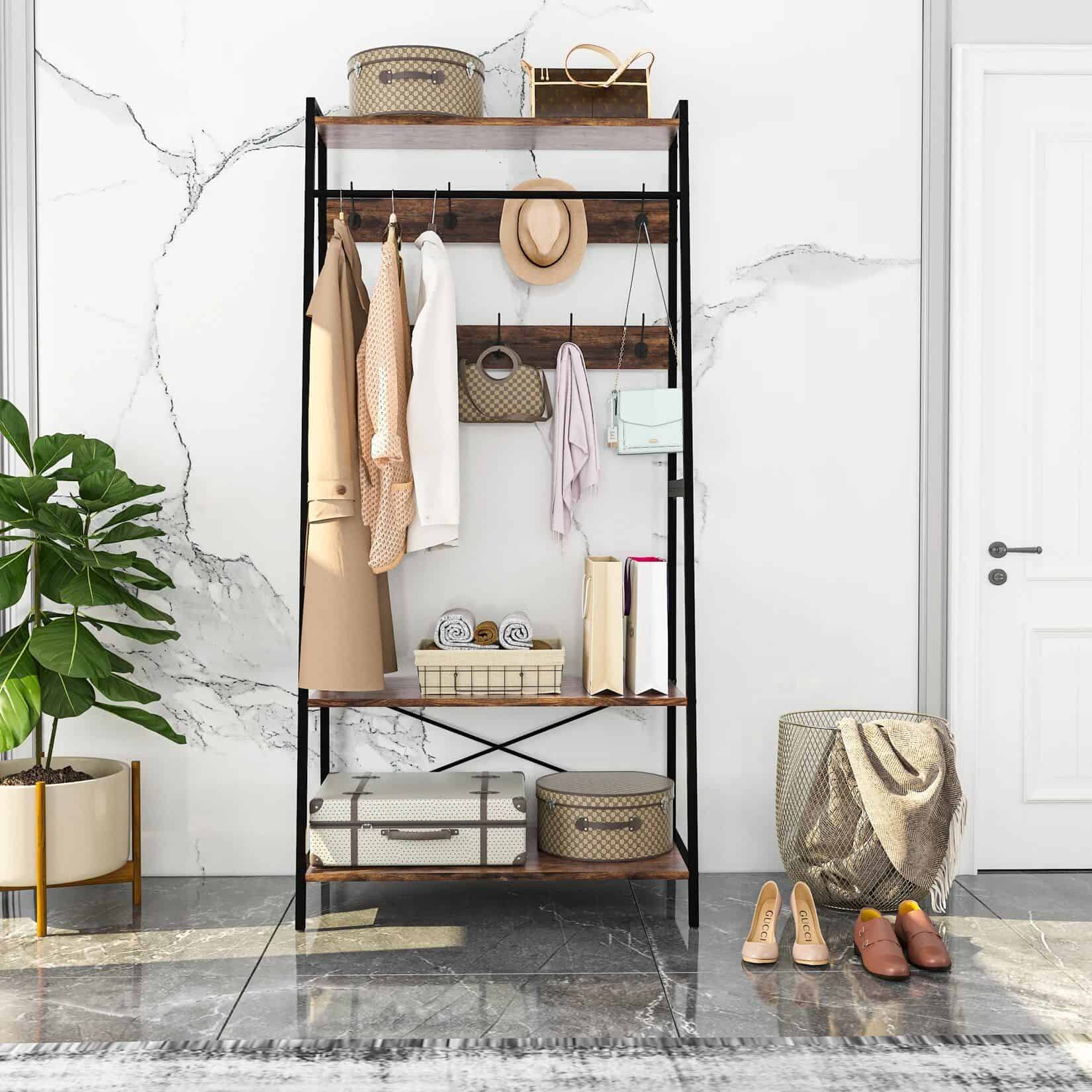 Stylish wardrobe organization showing handbags, hats, and shoes for a modern, elegant home decor look.