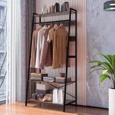 Stylish clothing rack showcasing men's fashion and accessories at Monalisa Store with high-end apparel and luxury brand packaging.