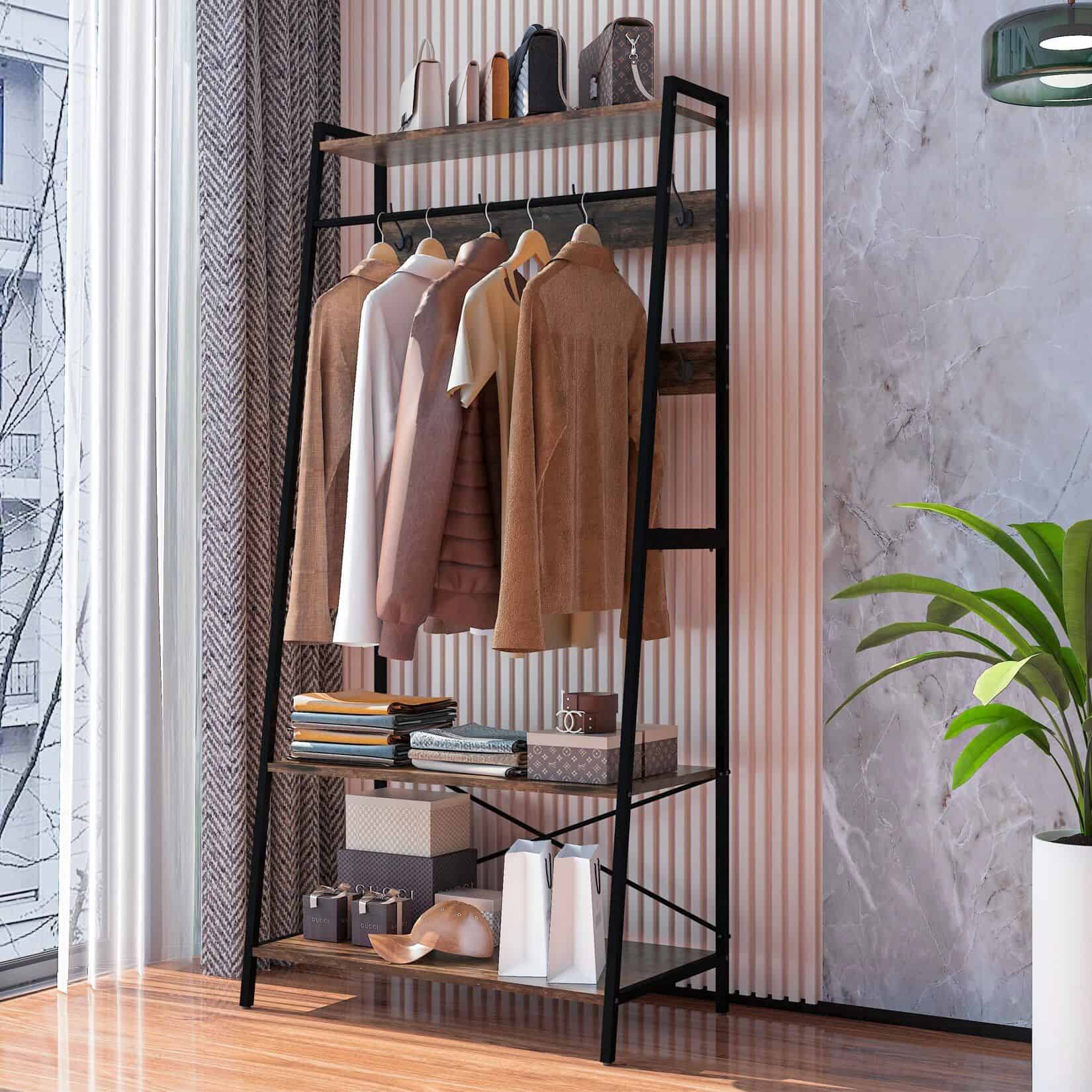 Stylish clothing rack showcasing men's fashion and accessories at Monalisa Store with high-end apparel and luxury brand packaging.