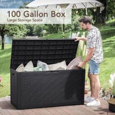 Durable black outdoor storage box for patio organization and cushion storage. Weather-resistant, ideal for outdoor spaces, with ample 100-gallon capacity.