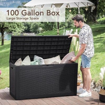 Durable black outdoor storage box for patio organization and cushion storage. Weather-resistant, ideal for outdoor spaces, with ample 100-gallon capacity.