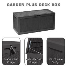 Weatherproof outdoor deck box for garden organization, featuring lockable lid, hydraulic rod, and side handles for easy use and secure storage solutions.