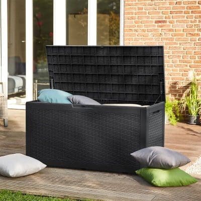 Durable outdoor storage bench with cushions for patio organization and relaxation. Perfect for outdoor spaces, offering stylish storage and seating.