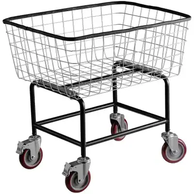 Wire shopping cart for retail and commercial use, durable with four swivel wheels for easy maneuverability and versatile shopping or storage solutions.
