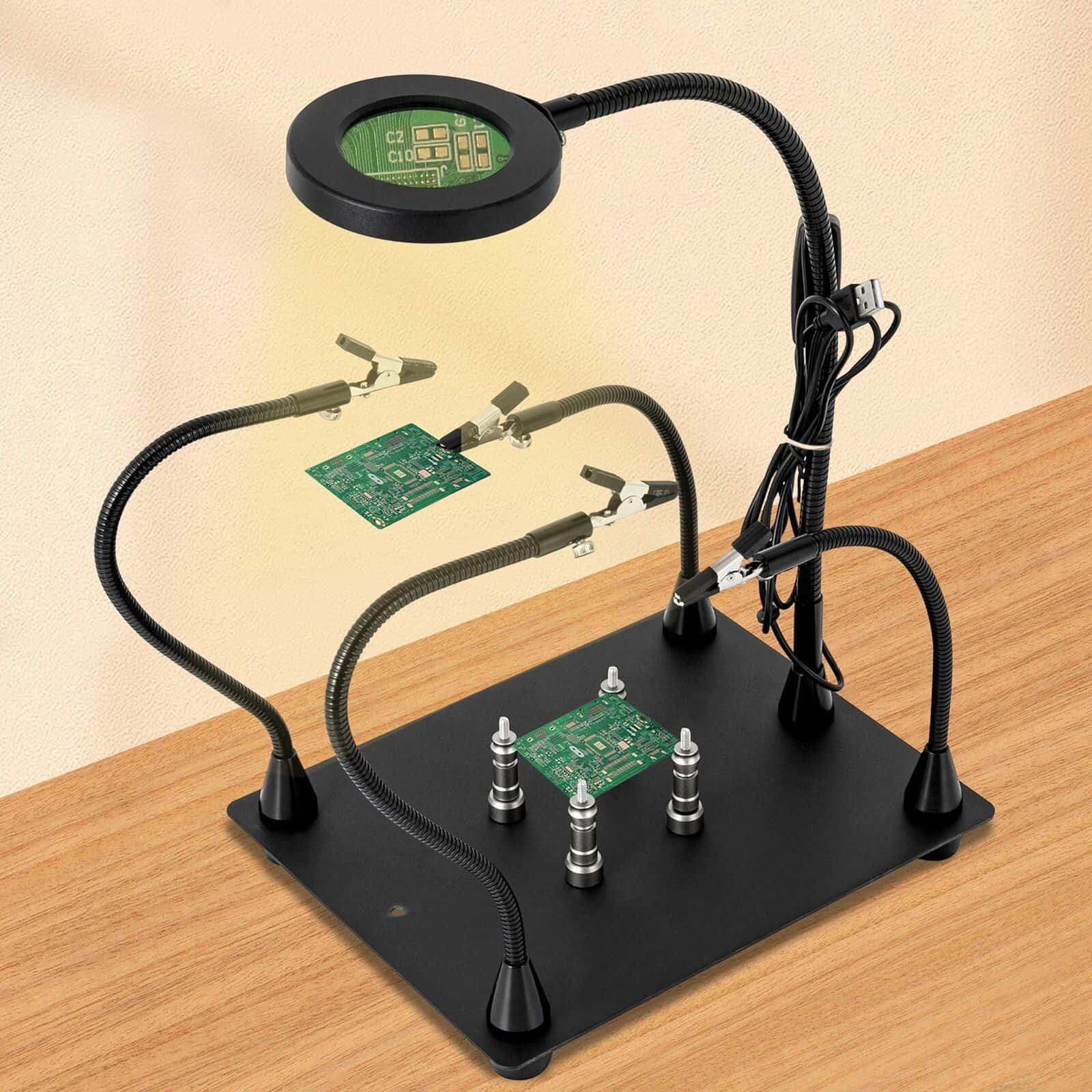Optometry testing equipment for vision assessment, including adjustable LED light, flexible gooseneck, and circuit boards for precise eye examination procedures.