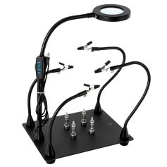 An innovative, portable LED light device for curing eyewear lenses with adjustable arms, multiple LED lights, and a user-friendly display for efficient optical lens hardening.