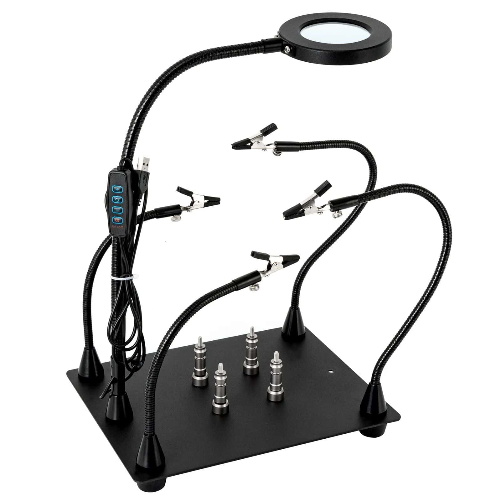 An innovative, portable LED light device for curing eyewear lenses with adjustable arms, multiple LED lights, and a user-friendly display for efficient optical lens hardening.