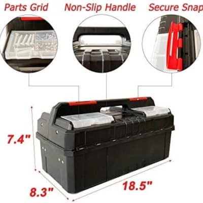 Durable toolbox with parts grid, non-slip handle, and secure snap latches for efficient tool organization. Perfect for DIY projects, professional use, and garage storage.