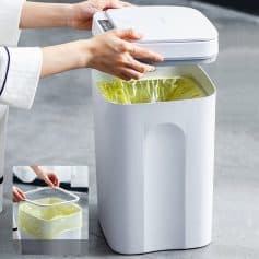 Smart trash bin with foot pedal and lid for easy waste disposal.