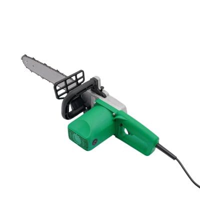 Powerful electric chainsaw for professional and home use, featuring a green body and sharp chain blade, ideal for cutting wood and tree trimming tasks.