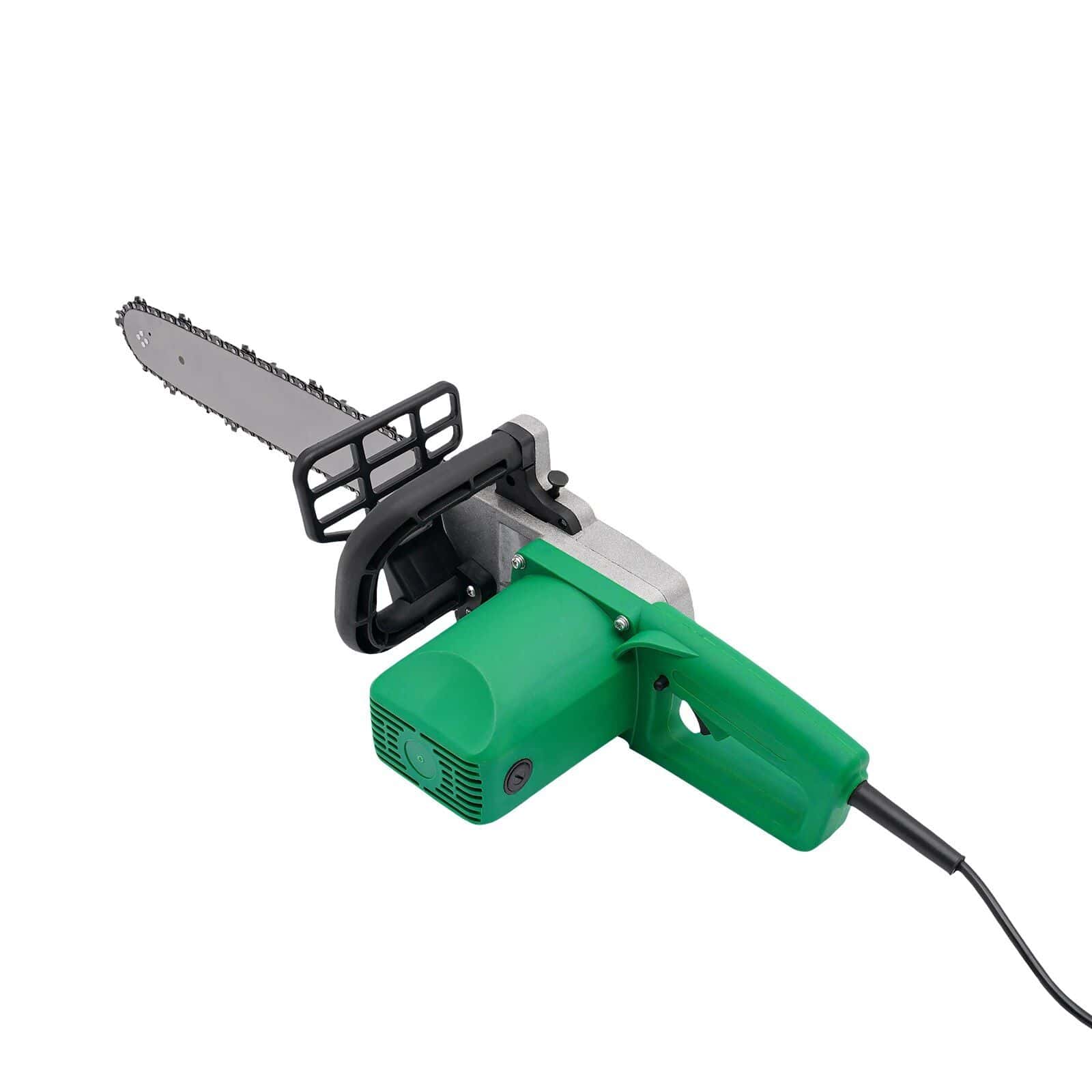 Powerful electric chainsaw for professional and home use, featuring a green body and sharp chain blade, ideal for cutting wood and tree trimming tasks.
