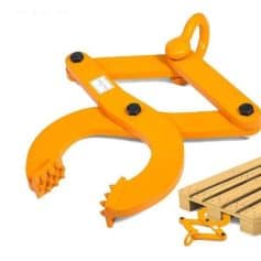 Heavy-duty orange straddle clamp for lifting and handling pallets and wooden skids safely and efficiently. Ideal for warehouse, industrial, and construction use.