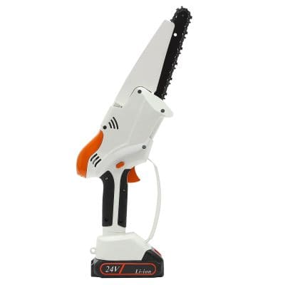 Lightweight, cordless electric chainsaw ideal for pruning, trimming, and small tree cutting with rechargeable 24V lithium-ion battery.