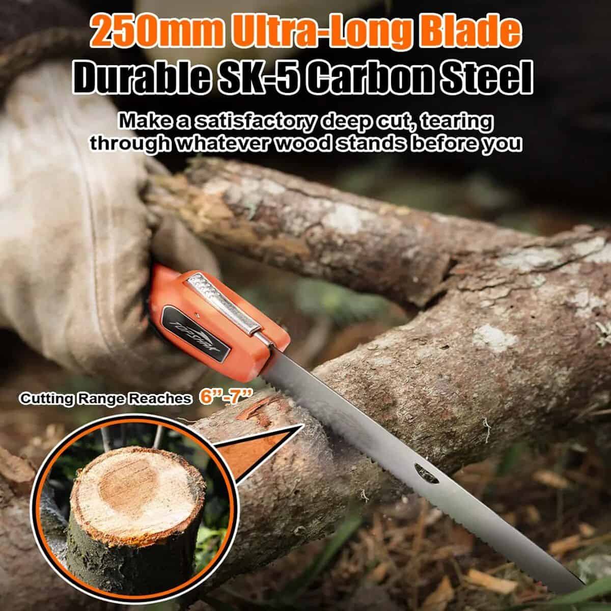 High-quality, durable 250mm carbon steel blade perfect for cutting thick wood and branches. Ideal for outdoor forestry, gardening, and landscaping projects with a 6"-7" cutting reach.