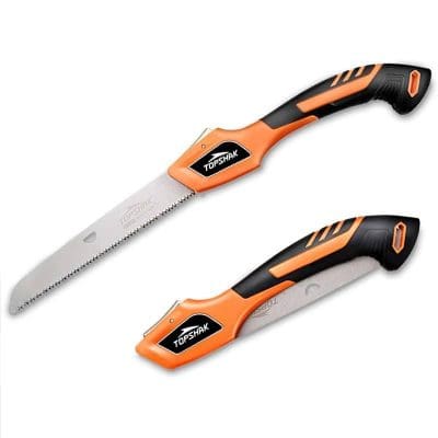 Heavy-duty portable hand saw for woodworking and pruning. Ergonomic black and orange design, perfect for outdoor cutting tasks and DIY projects. Compact and flexible for precise cuts.