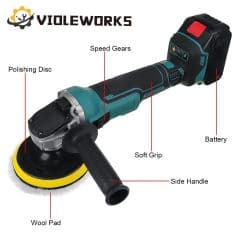 A cordless polishing machine featuring a battery-powered design, ergonomic soft grip, adjustable speed gears, and various attachments like polishing discs and wool pads for efficient surface finishing.