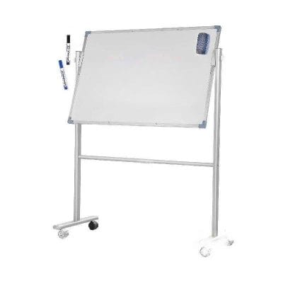 Whiteboard with markers and eraser, mobile stand ideal for classrooms or offices, versatile dry erase surface, easy to clean for effective presentations and collaborative learning.