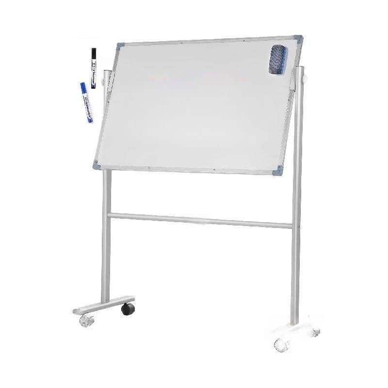 Whiteboard with markers and eraser, mobile stand ideal for classrooms or offices, versatile dry erase surface, easy to clean for effective presentations and collaborative learning.