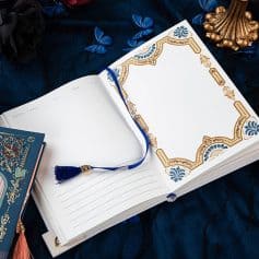 Opulent stationery, decorative notebooks, blue and gold design, luxury journaling supplies, Monalisa Store custom stationery, high-end notebooks, decorative bookmarks, premium writing accessories, elegant paper products for gifting.