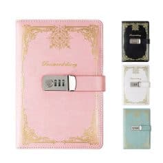 Elegant pink planner with built-in lock and gold ornate detailing, perfect for organizing your daily schedule and keeping personal notes secure.