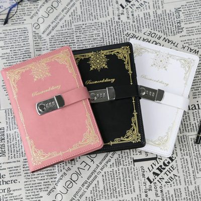 Stylish passport covers with secure lock, decorative gold accents, available in pink, black, and white, ideal for travelers seeking elegant and functional travel accessories.