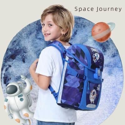 Bright blue kids' space-themed school backpack with astronaut and planet designs for children. Perfect for school, travel, and fun outings. Durable, comfortable, and stylish.