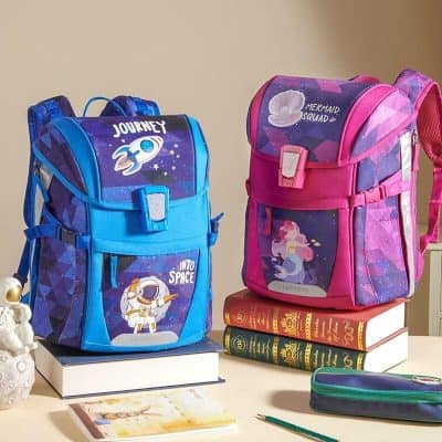Colorful children's school backpacks featuring space-themed astronaut and mermaid illustrations, ideal for kids. Perfect for school, travel, and daily use, combining fun designs with practical storage.