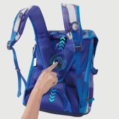 High-tech blue school backpack with built-in charging port, ergonomic straps, and spacious compartments for students. Perfect for daily school activities and tech-savvy learners.