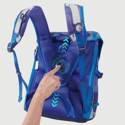 High-tech blue school backpack with built-in charging port, ergonomic straps, and spacious compartments for students. Perfect for daily school activities and tech-savvy learners.