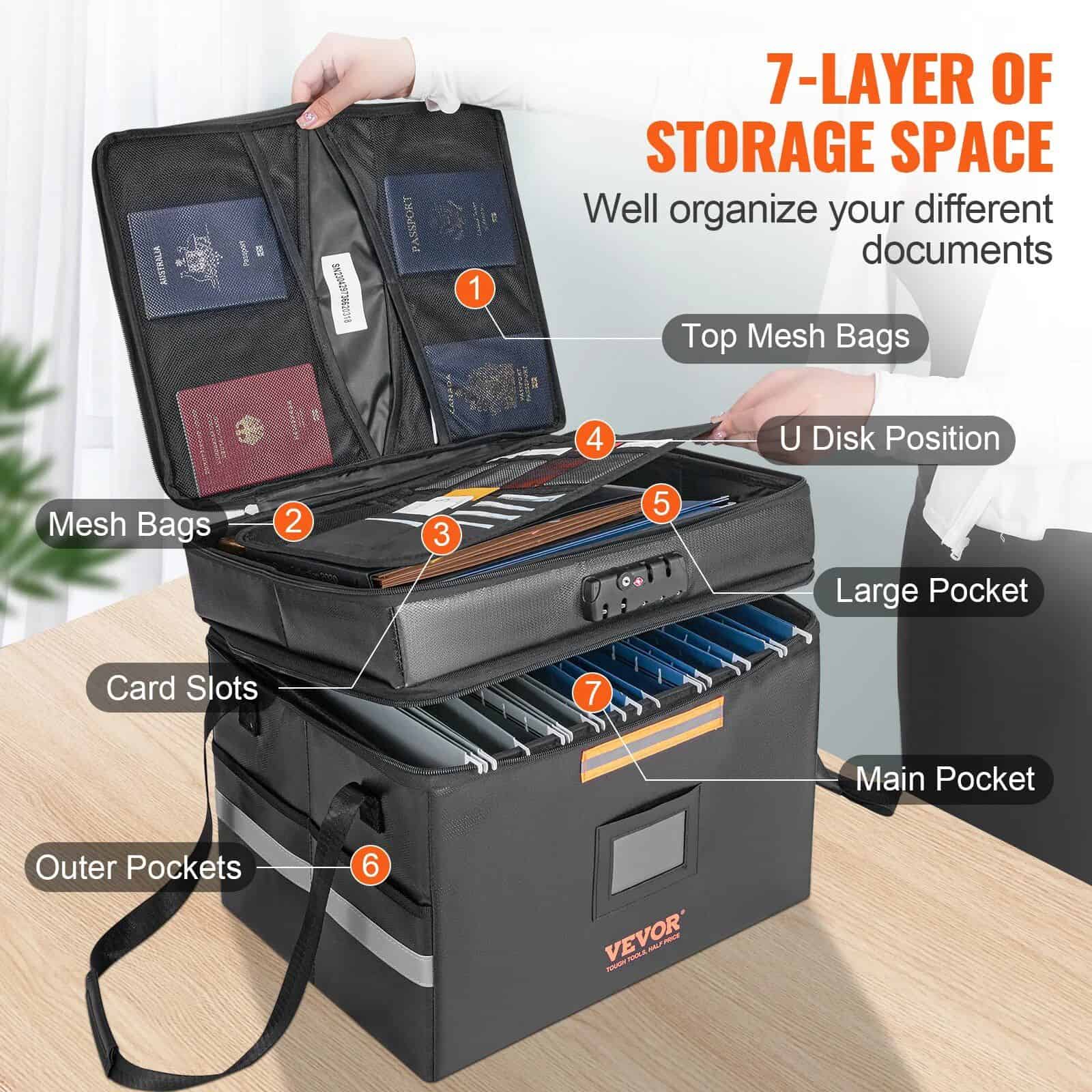Durable 7-layer travel storage bag for optical equipment, glasses, and documents. Features mesh bags, card slots, large pockets, and outer compartments for efficient eyewear and optical tools organization.