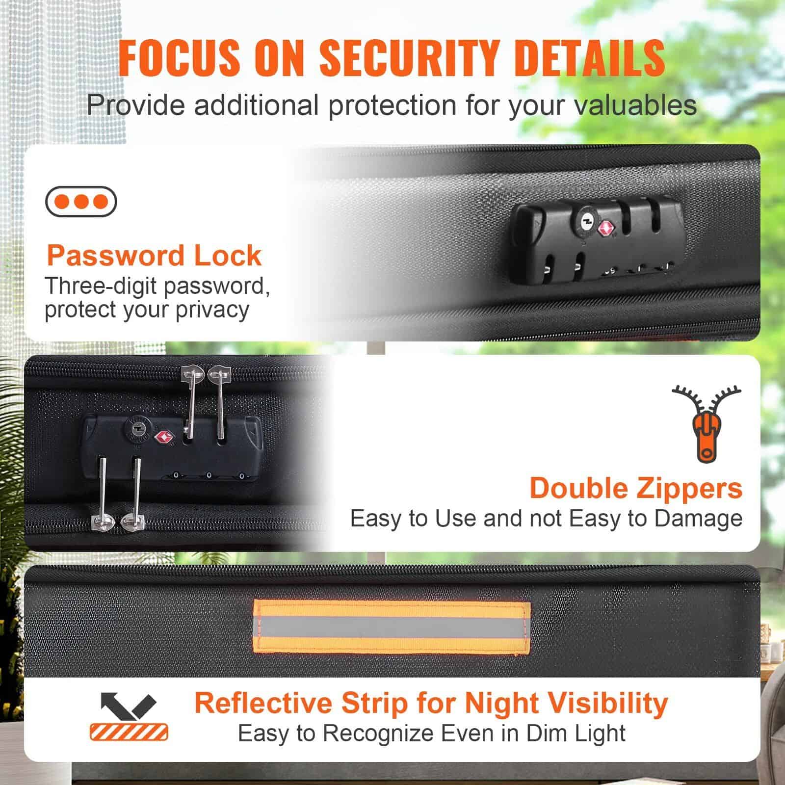 High-quality travel bag featuring a password lock, double zippers, and reflective strip for night visibility, ensuring safety and security for valuables during travel or storage.
