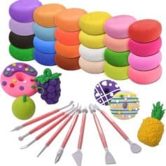 Brightly colored modeling clay and accessories for creative play and sensory development. Includes various doughs, tools, and fun fruit-shaped molds to inspire imaginative play.