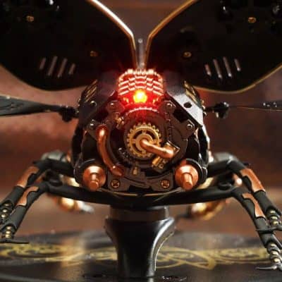 A close-up of a high-tech, futuristic drone with intricate metallic details and LED lights, showcasing its advanced engineering and design, ideal for tech enthusiasts and drone lovers.